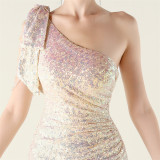 One-Shoulder Sequin Slim Evening Dress