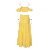 Women's Summer Solid Color Sexy Short-Sleeve off shoulder Pleated Ruffle skirt Set