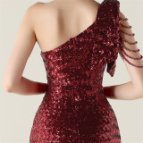 One-Shoulder Sequin Slim Evening Dress