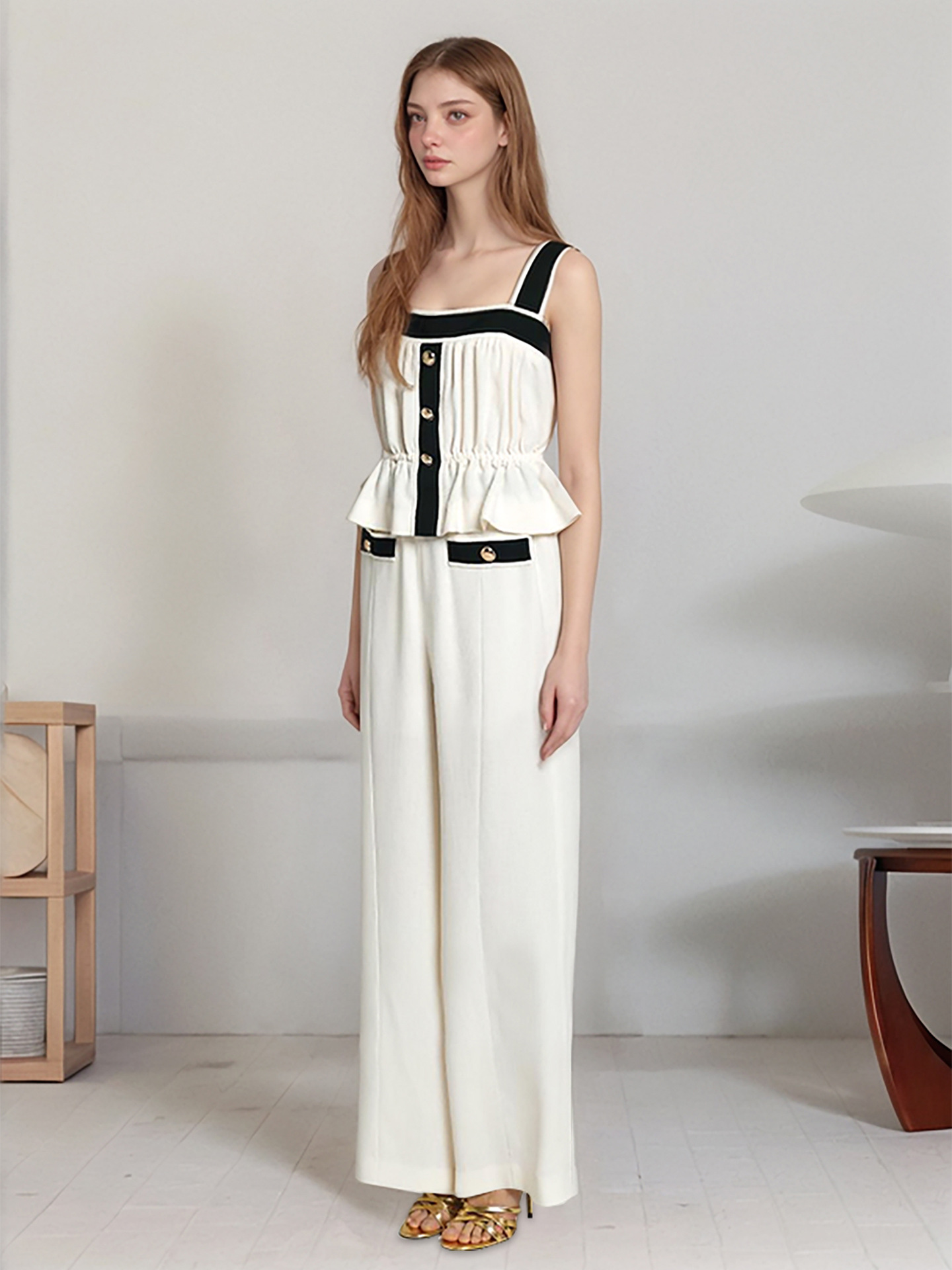 contrast color Square neck camisole pants fashion women's suit