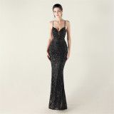 Embroidery Sequin Slim Waist Lace-Up Deep V Neck Strap Formal Party Evening Dress