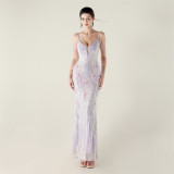 Sequin Feather Embellished Fishtail Evening Dress