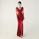 Beaded Chain Shoulder Deep V Hollow Slim Formal Party Evening Dress