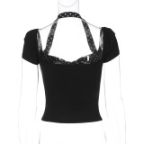 Women's spring summer Halter Neck short-sleeved Low Back tops polka dots Patchwork T-shirt
