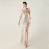 Feather Sequin Diamond Chain-Strap Deep V-Neck Fishtail Evening Dress