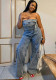 Spring/Summer Women’s Streetwear Strapless High-Waist Denim Jumpsuit
