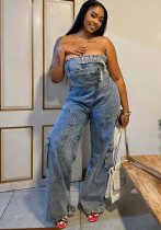 Spring/Summer Women’s Streetwear Strapless High-Waist Denim Jumpsuit Spring/Summer Women’s Streetwear Strapless High-Waist Denim Jumpsuit