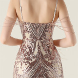 Sequin Feather Embellished Fishtail Evening Dress