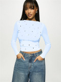 Women's fashion casual beaded slim mesh hollow long-sleeved t-shirt