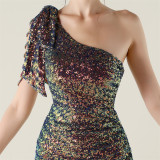 One-Shoulder Sequin Slim Evening Dress