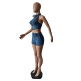 Women Denim Halter Neck Lace Top Stretchy Shorts Two-piece Set
