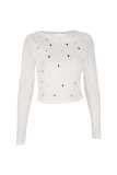 Women's fashion casual beaded slim mesh hollow long-sleeved t-shirt