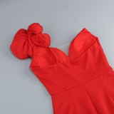 deep v flower slim solid color fashion elegant party dress