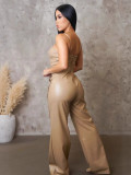 Women's PU Leather Strap Sleeveless Wide-Leg Jumpsuit