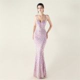 Embroidery Sequin Slim Waist Lace-Up Deep V Neck Strap Formal Party Evening Dress