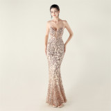 Embroidery Sequin Slim Waist Lace-Up Deep V Neck Strap Formal Party Evening Dress