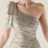 One-Shoulder Sequin Slim Evening Dress