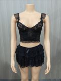 Plus Size Women Summer Sexy Lace Hollow Top and Skir Two-Piece Set