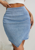 Women's High-Waist Pleated Irregular Denim Bodycon Skirt Women's High-Waist Pleated Irregular Denim Bodycon Skirt