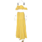 Women's Summer Solid Color Sexy Short-Sleeve off shoulder Pleated Ruffle skirt Set