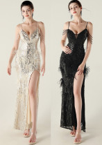 Feather Sequin Diamond Chain-Strap Deep V-Neck Fishtail Evening Dress