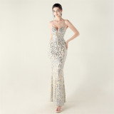 Embroidery Sequin Slim Waist Lace-Up Deep V Neck Strap Formal Party Evening Dress
