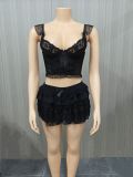 Plus Size Women Summer Sexy Lace Hollow Top and Skir Two-Piece Set