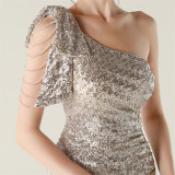 One-Shoulder Sequin Slim Evening Dress