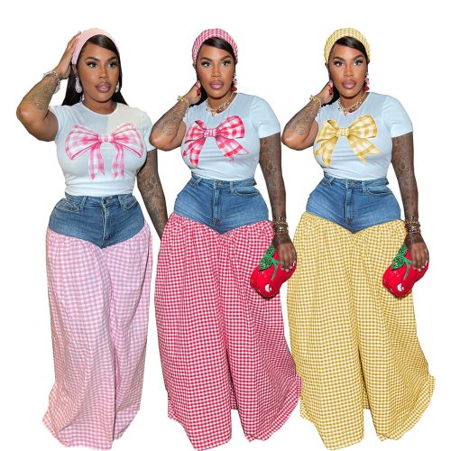 Women Patchwork Plaid Print T-shirt Casual Wide Leg Pants Two-piece Set