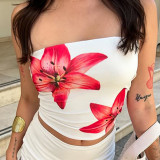 Women Summer American Strapless Off Shoulder Printed Crop Tank Top