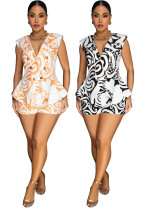 Women Printed V-Neck Sleeveless Blazer and Shorts Casual Two-Piece Set Women Printed V-Neck Sleeveless Blazer and Shorts Casual Two-Piece Set