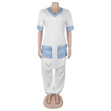 Women Casual Career V-Neck Patchwork Contrast Stretchy Denim Jumpsuit