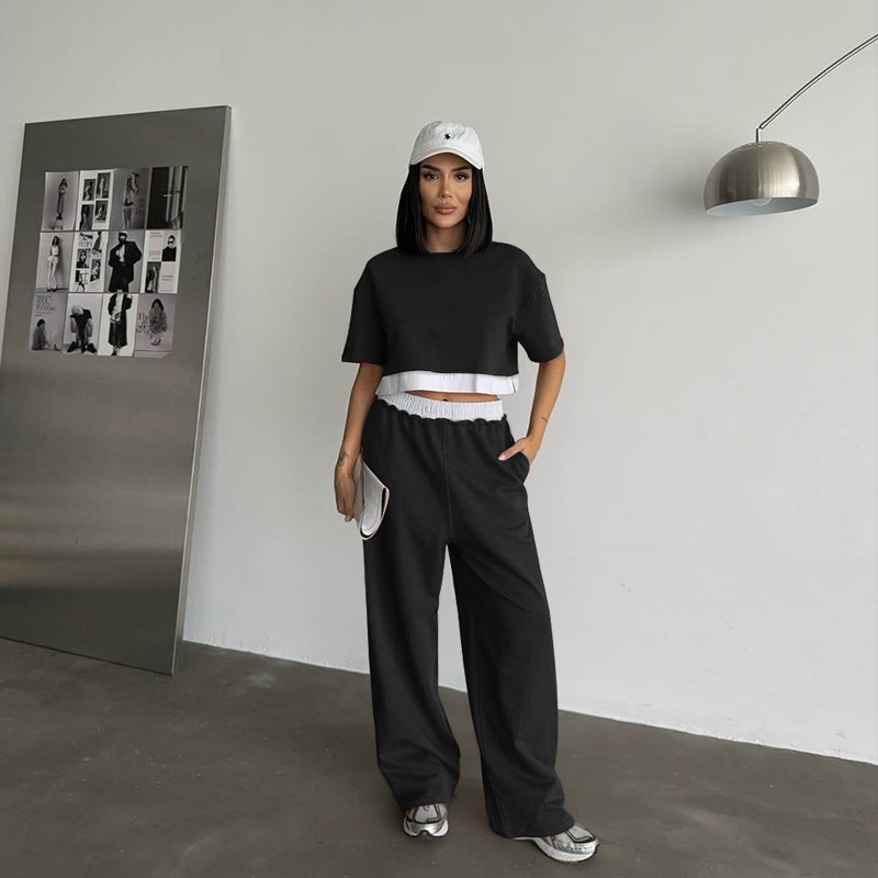 Women Summer Solid Round Neck Short Sleeve Top and Casual Wide Leg Pants Two-Piece Set