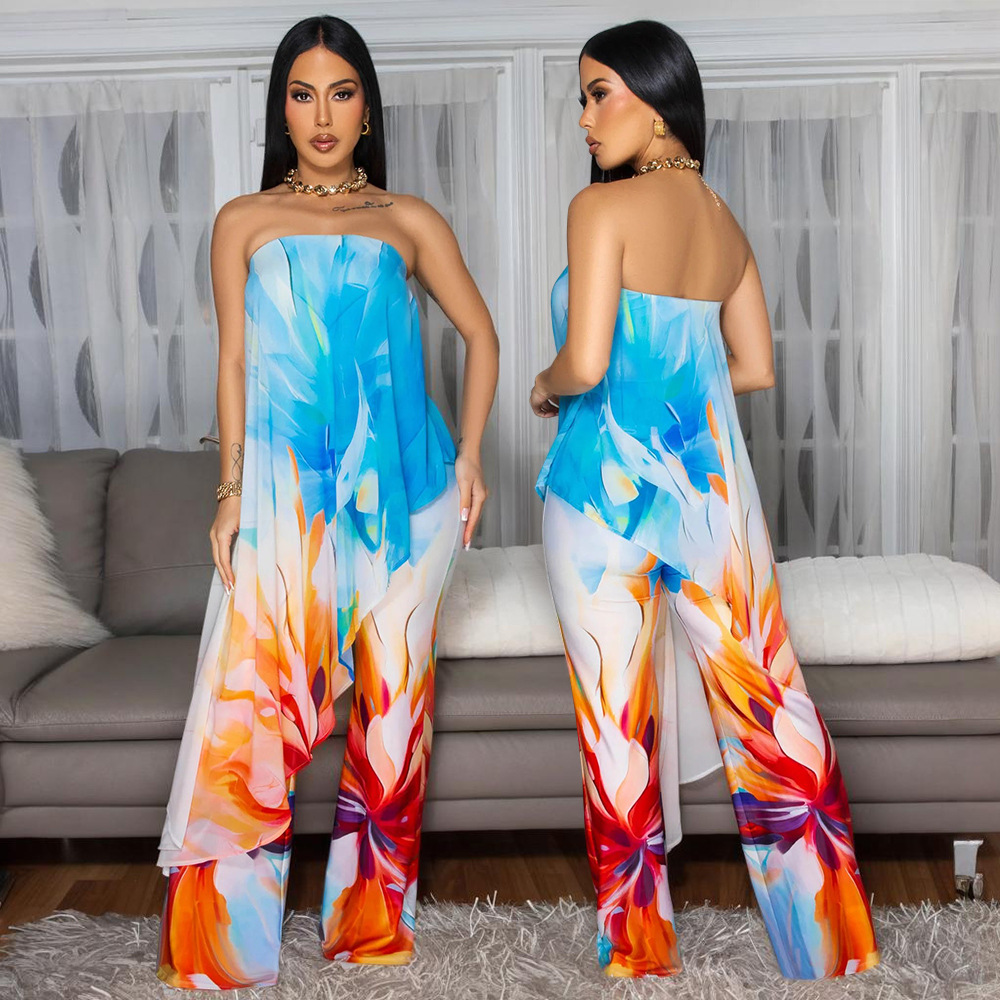 Women Printed Strapless Top and Long Pants Two-Piece Set