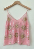Women Summer Sequin Beaded Suspender Basics V-Neck Top