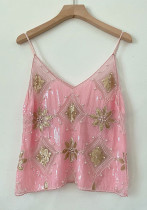 Women Summer Sequin Beaded Suspender Basics V-Neck Top