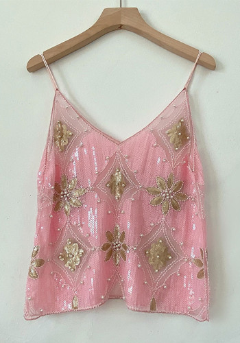 Women Summer Sequin Beaded Suspender Basics V-Neck Top
