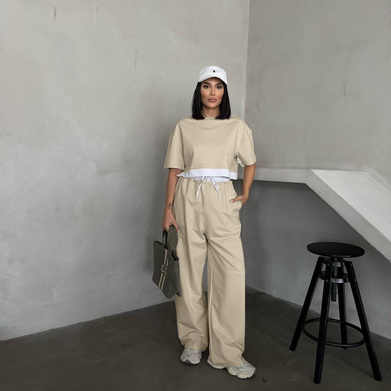 Women Summer Solid Round Neck Short Sleeve Top and Casual Wide Leg Pants Two-Piece Set