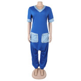 Women Casual Career V-Neck Patchwork Contrast Stretchy Denim Jumpsuit