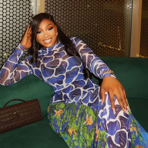 Women Printed High-Neck Long-Sleeved Career Bodycon Dress