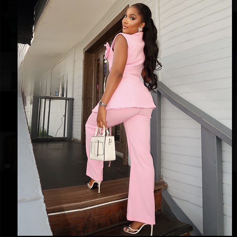 Women Spring V-neck Sleeveless Flower Top Trousers Two-piece Set