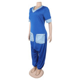 Women Casual Career V-Neck Patchwork Contrast Stretchy Denim Jumpsuit