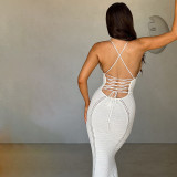 Women Spring and Summer Sexy Backless Hollow Lace Knitting Suspender Bodycon Dress