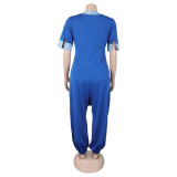 Women Casual Career V-Neck Patchwork Contrast Stretchy Denim Jumpsuit