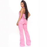 Women Denim Stretch Sexy Backless Turndown Collar Cargo Jumpsuit