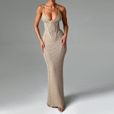 Women Spring and Summer Sexy Backless Hollow Lace Knitting Suspender Bodycon Dress
