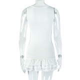 Women Sleeveless Round Neck Solid Career Pleated Mini Dress