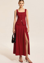 Women summer sleeveless Tank Top and slit Skirt two-piece set