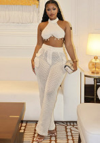 Women Summer Halter Neck Strapless Top Hollow Pocket Trousers Two-piece Set Women Summer Halter Neck Strapless Top Hollow Pocket Trousers Two-piece Set