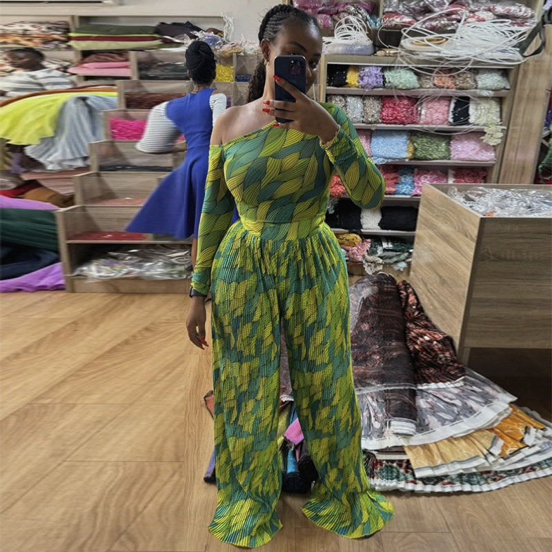 Women Spring Print Slash Shoulder Long Sleeve Top and Wide Leg Pants Pleated Two-piece Set
